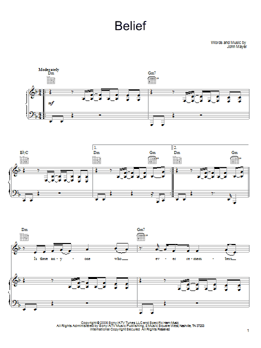 John Mayer Belief sheet music notes and chords arranged for Guitar Tab