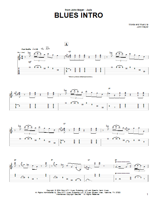 John Mayer Blues Intro sheet music notes and chords arranged for Guitar Tab