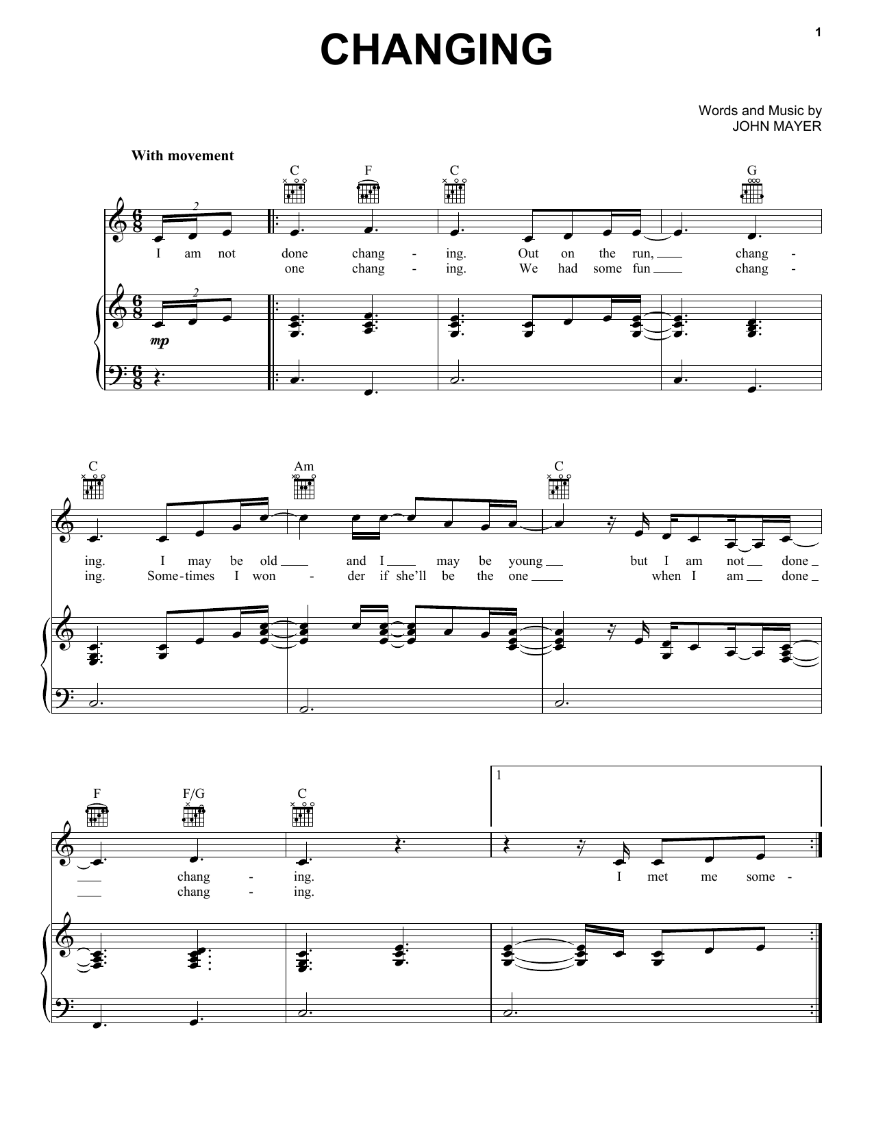 John Mayer Changing sheet music notes and chords arranged for Piano, Vocal & Guitar Chords (Right-Hand Melody)