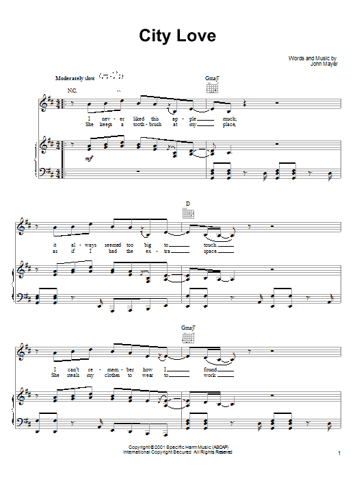 John Mayer City Love sheet music notes and chords arranged for Piano, Vocal & Guitar Chords (Right-Hand Melody)