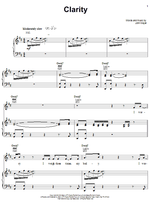 John Mayer Clarity sheet music notes and chords arranged for Piano, Vocal & Guitar Chords (Right-Hand Melody)