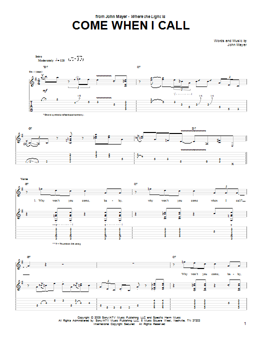 John Mayer Come When I Call sheet music notes and chords arranged for Guitar Tab