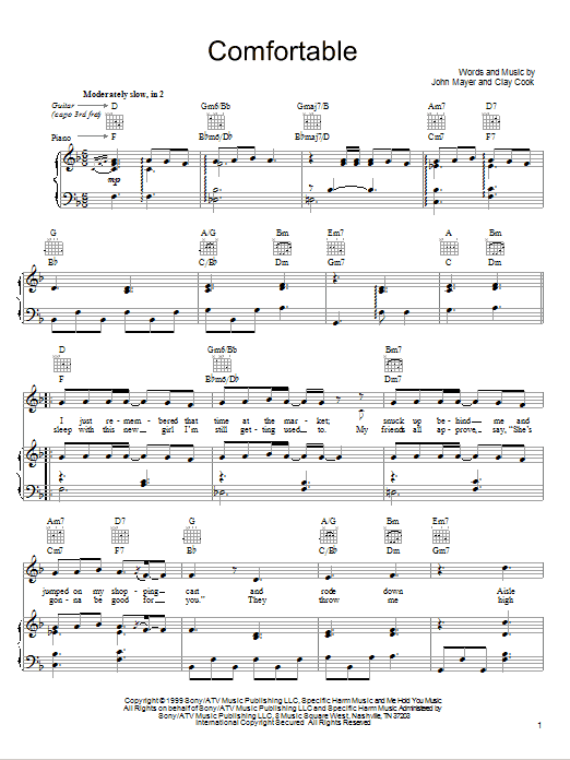 John Mayer Comfortable sheet music notes and chords arranged for Guitar Chords/Lyrics