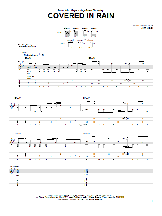 John Mayer Covered In Rain sheet music notes and chords arranged for Guitar Tab