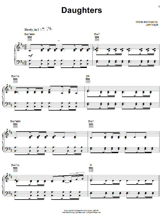John Mayer Daughters sheet music notes and chords arranged for Alto Sax Solo