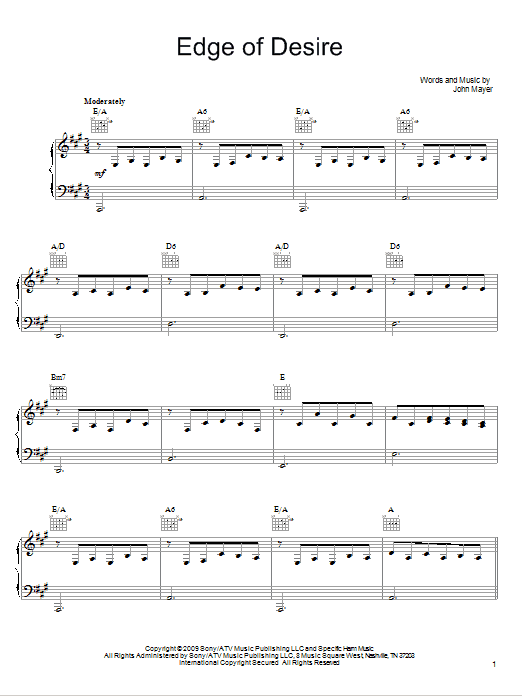 John Mayer Edge Of Desire sheet music notes and chords arranged for Easy Guitar