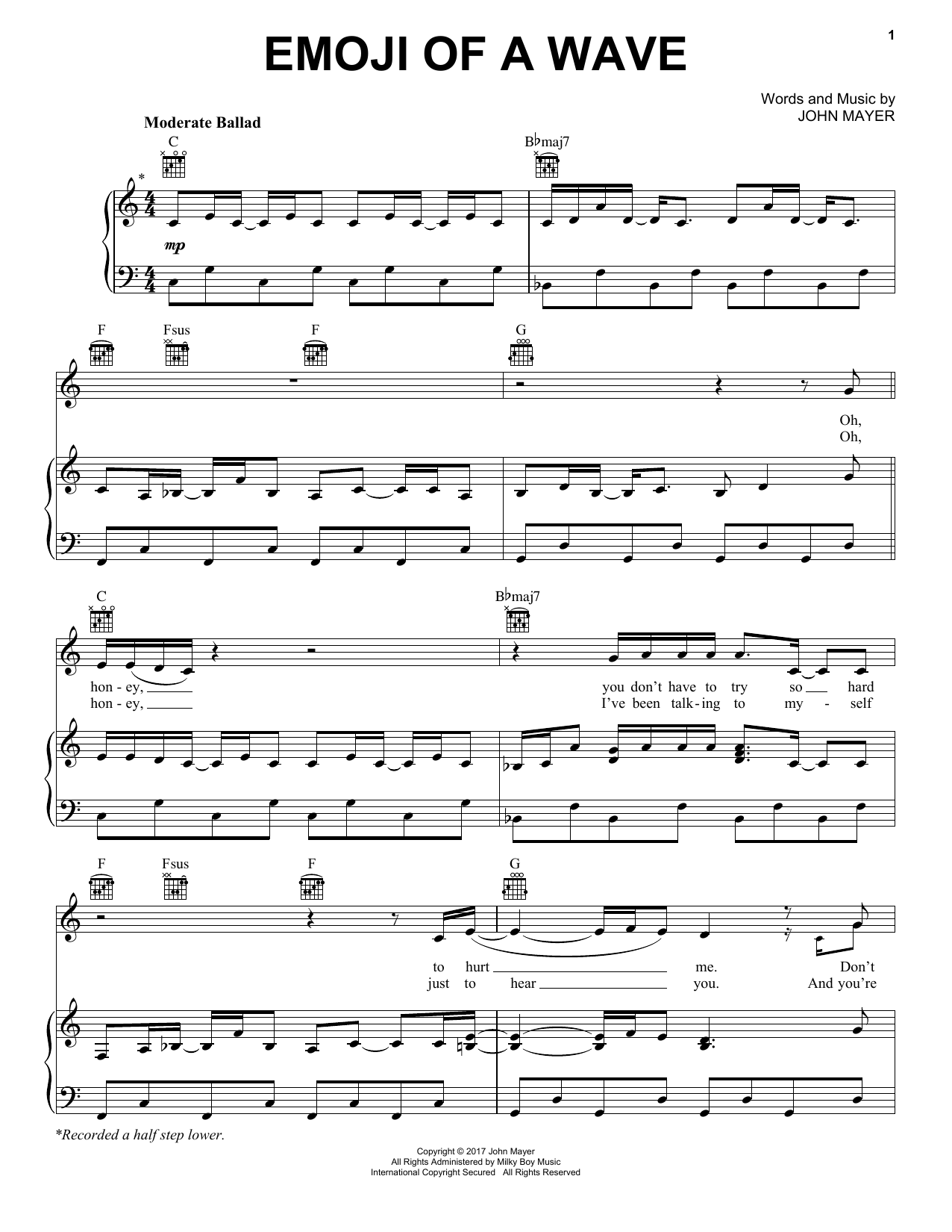John Mayer Emoji Of A Wave sheet music notes and chords arranged for Piano, Vocal & Guitar Chords (Right-Hand Melody)