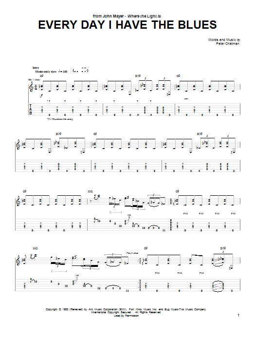 John Mayer Every Day I Have The Blues sheet music notes and chords arranged for Guitar Tab