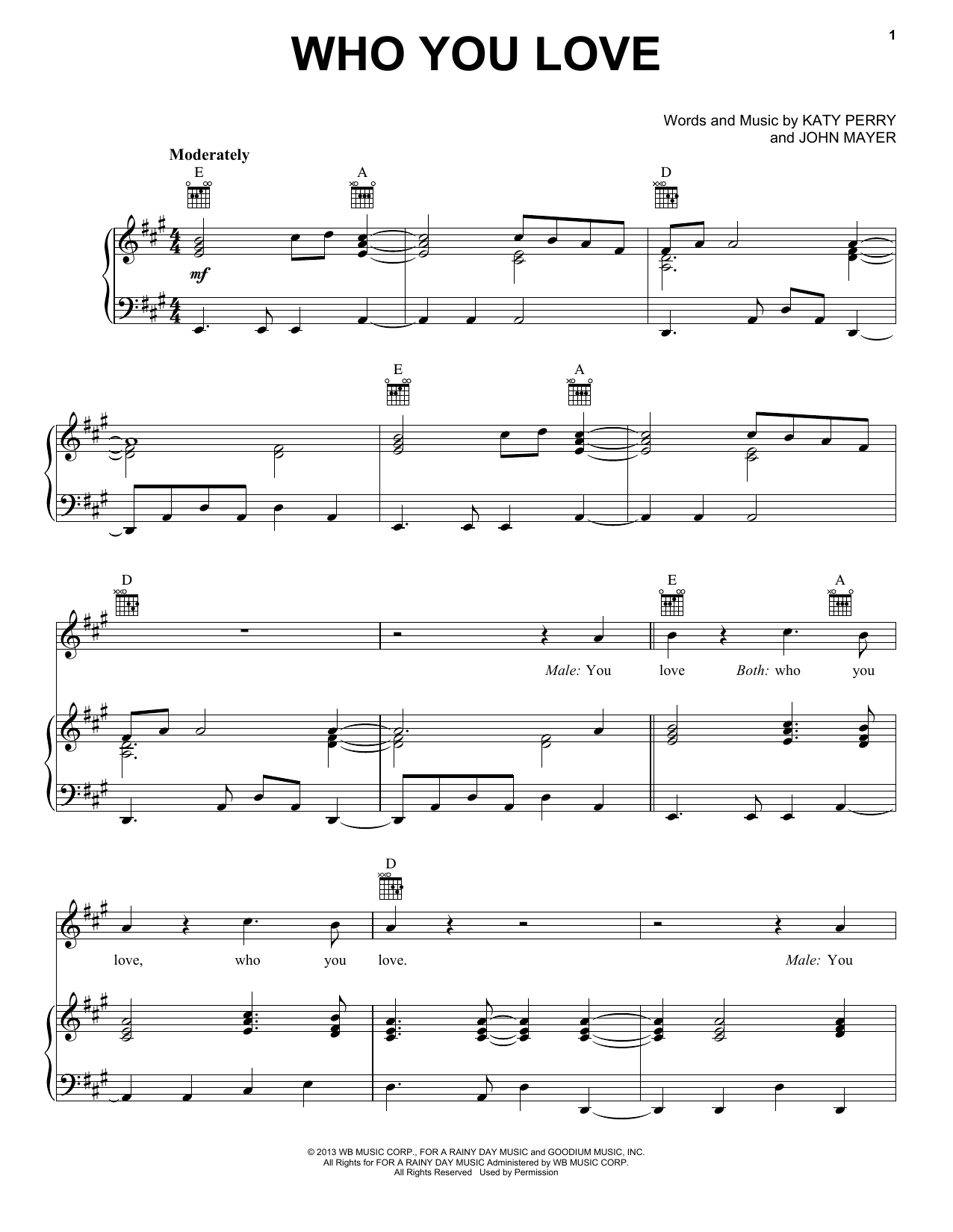 John Mayer featuring Katy Perry Who You Love sheet music notes and chords arranged for Piano, Vocal & Guitar Chords (Right-Hand Melody)