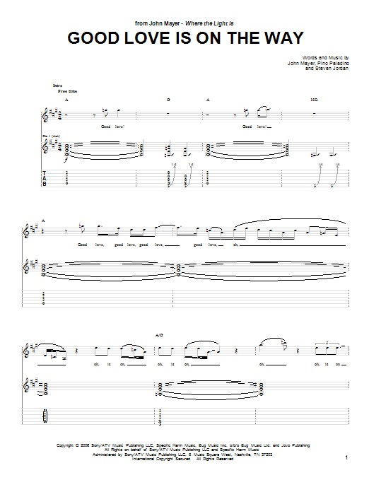 John Mayer Good Love Is On The Way sheet music notes and chords arranged for Guitar Tab