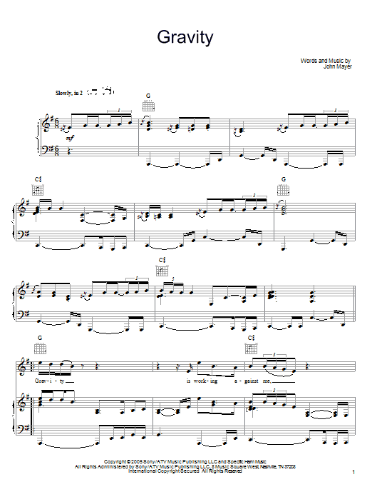 John Mayer Gravity sheet music notes and chords arranged for Easy Piano