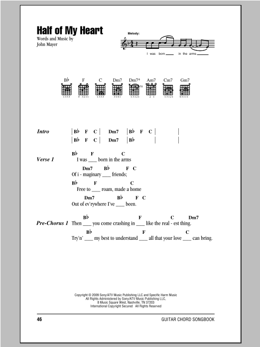 John Mayer Half Of My Heart sheet music notes and chords arranged for Guitar Chords/Lyrics