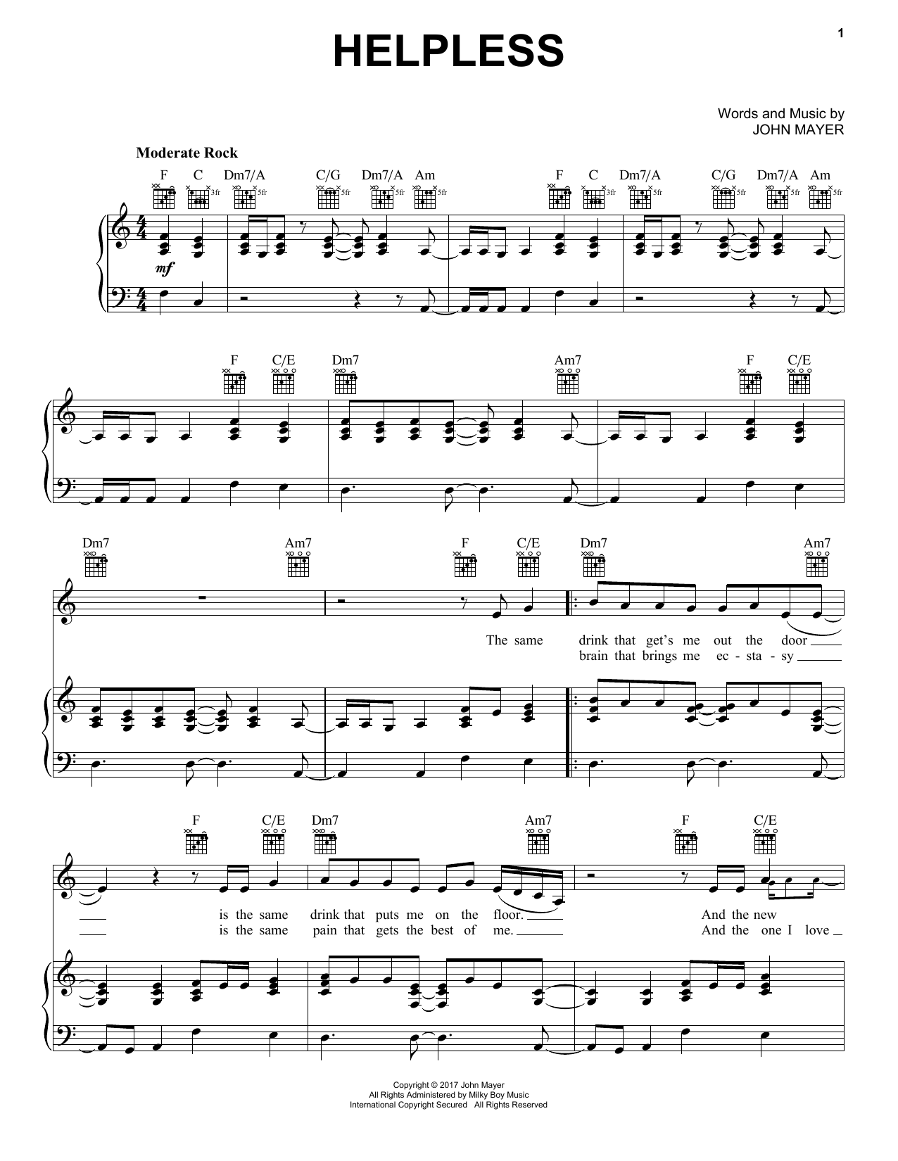 John Mayer Helpless sheet music notes and chords arranged for Piano, Vocal & Guitar Chords (Right-Hand Melody)