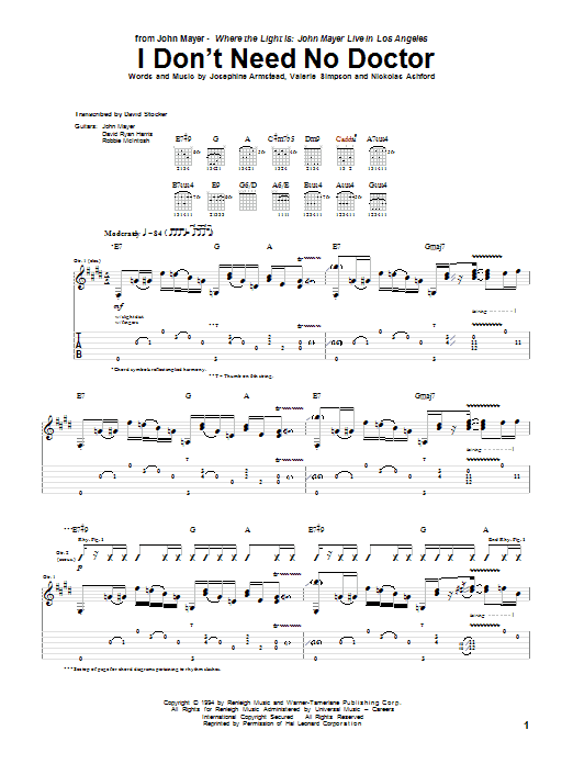 John Mayer I Don't Need No Doctor sheet music notes and chords arranged for Guitar Tab