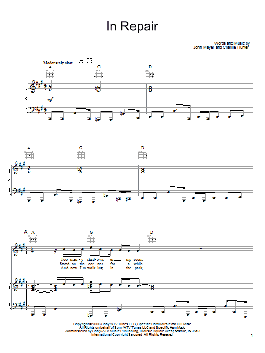 John Mayer In Repair sheet music notes and chords arranged for Piano, Vocal & Guitar Chords (Right-Hand Melody)