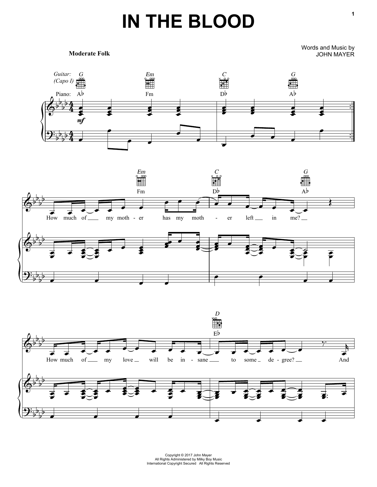 John Mayer In The Blood sheet music notes and chords arranged for Piano, Vocal & Guitar Chords (Right-Hand Melody)