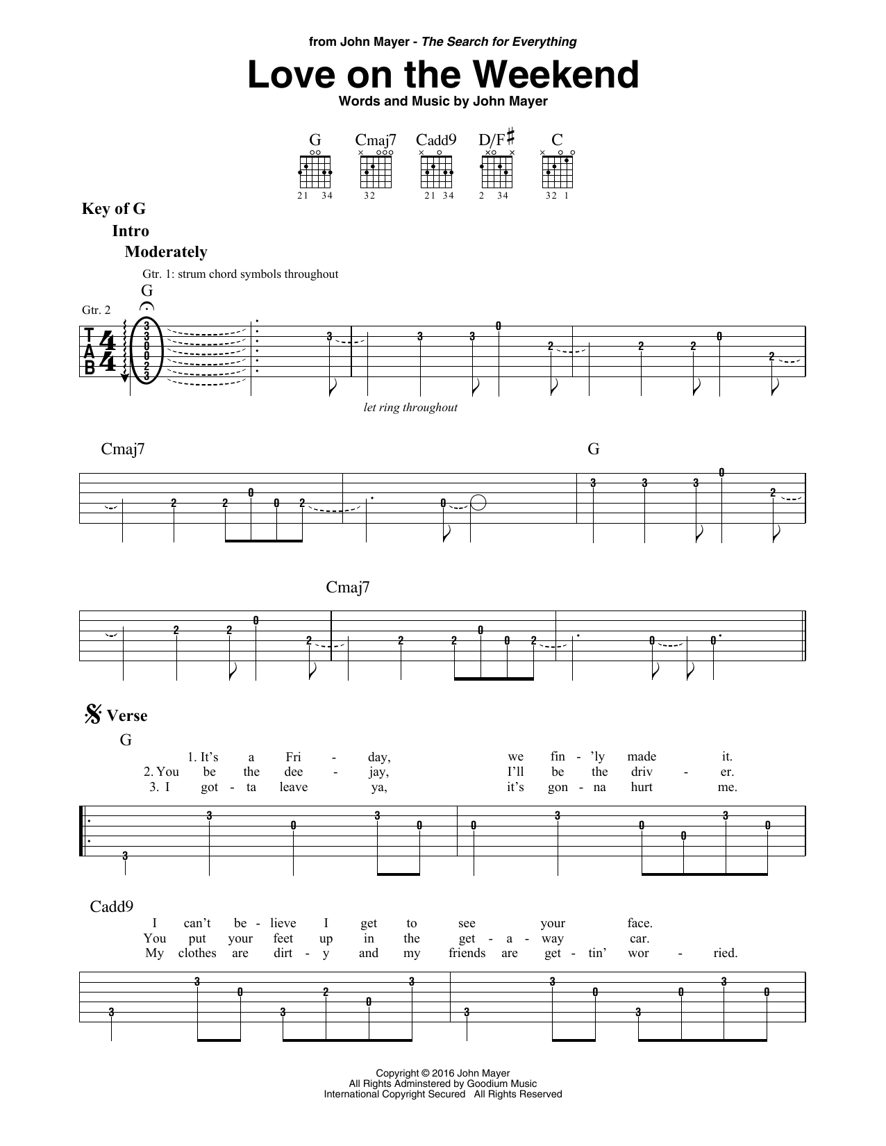 John Mayer Love On The Weekend sheet music notes and chords arranged for Guitar Lead Sheet