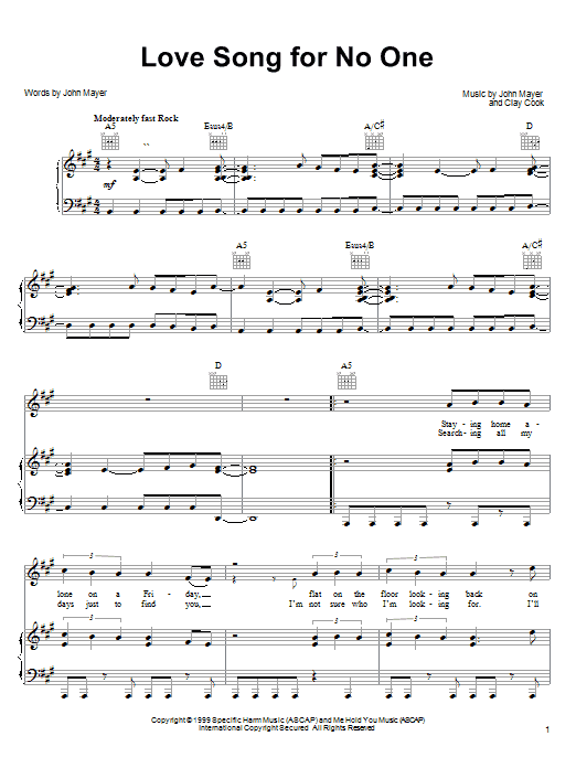 John Mayer Love Song For No One sheet music notes and chords arranged for Easy Guitar