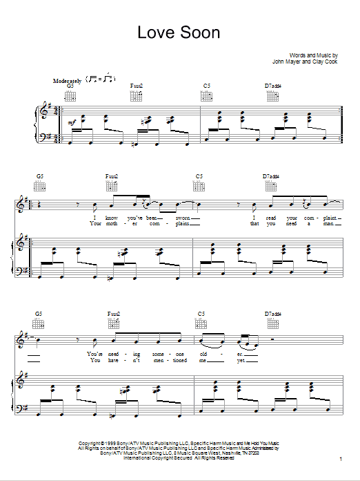 John Mayer Love Soon sheet music notes and chords arranged for Piano, Vocal & Guitar Chords (Right-Hand Melody)
