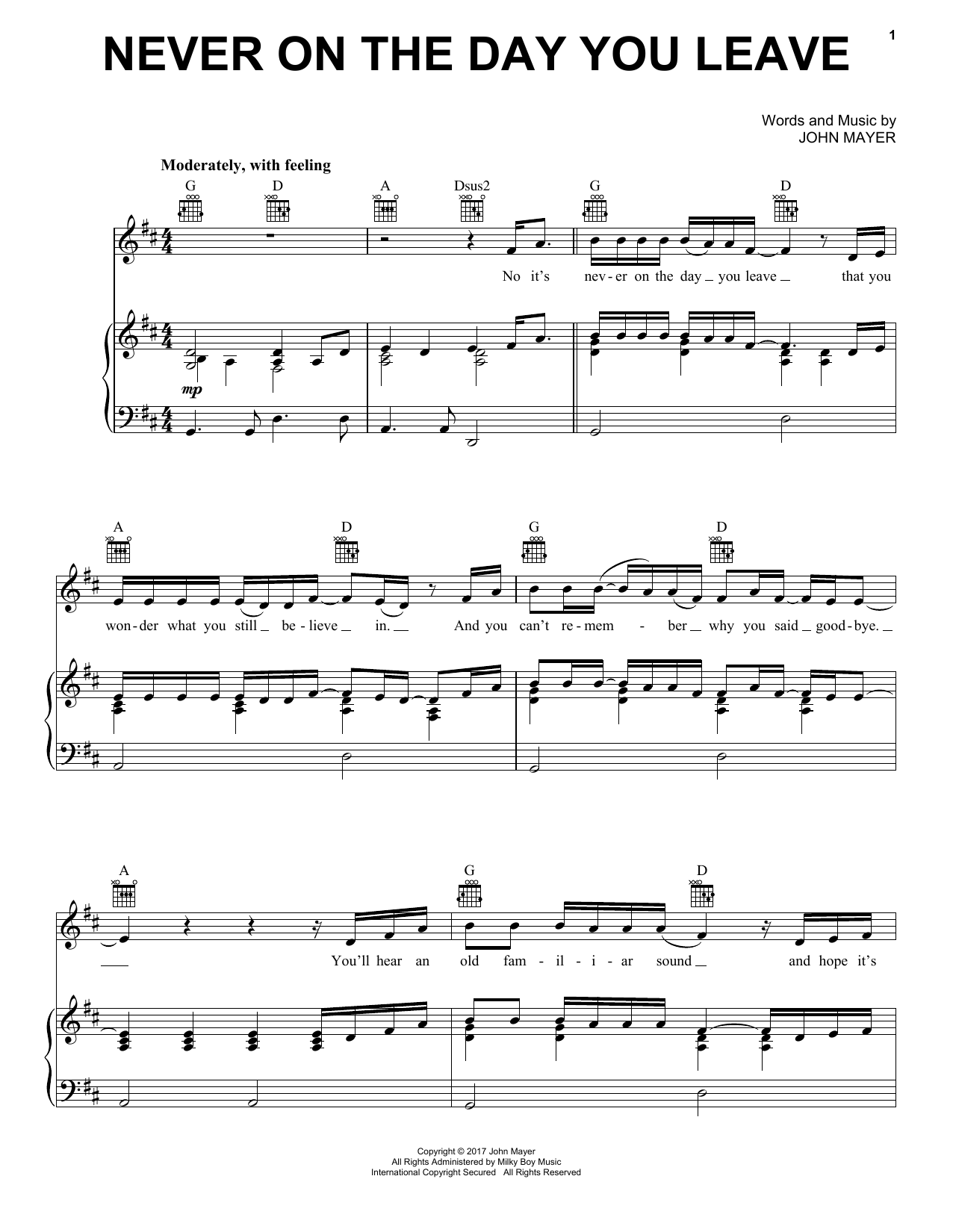 John Mayer Never On The Day You Leave sheet music notes and chords arranged for Piano, Vocal & Guitar Chords (Right-Hand Melody)