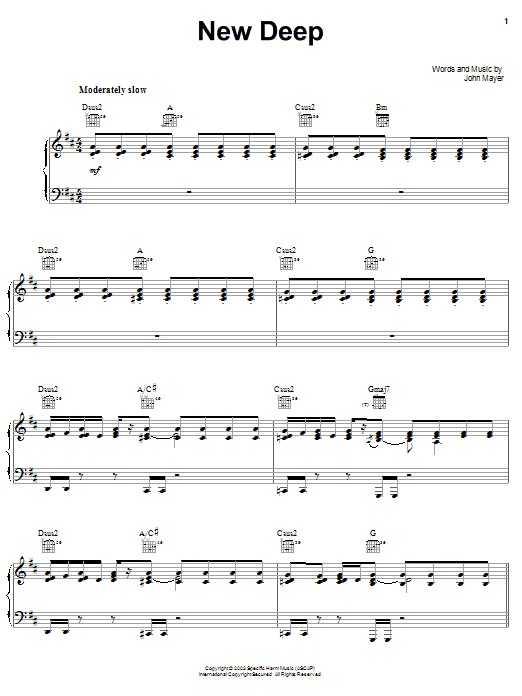 John Mayer New Deep sheet music notes and chords arranged for Guitar Tab