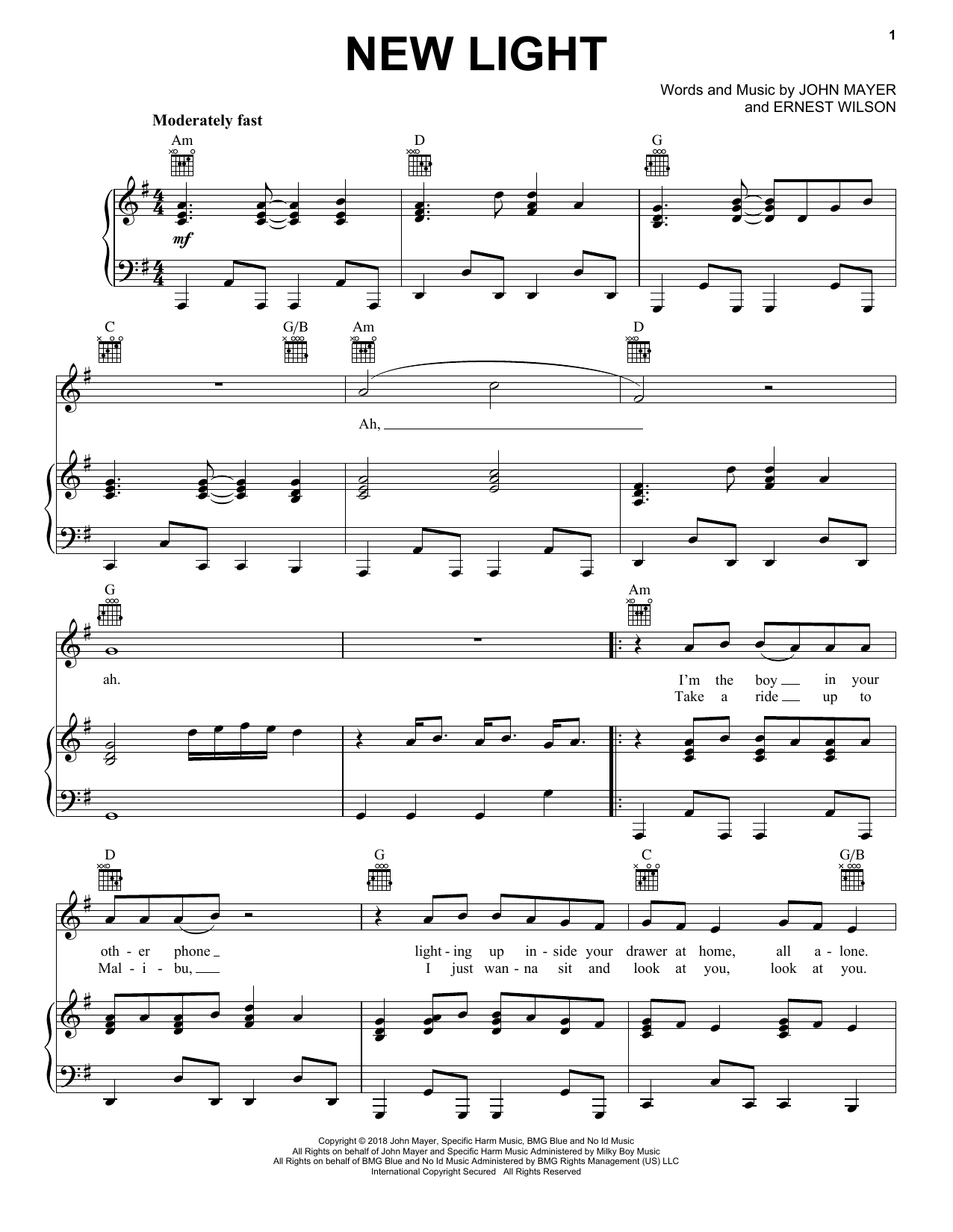 John Mayer New Light sheet music notes and chords arranged for Piano, Vocal & Guitar Chords (Right-Hand Melody)