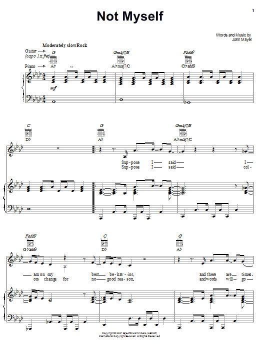John Mayer Not Myself sheet music notes and chords arranged for Easy Guitar