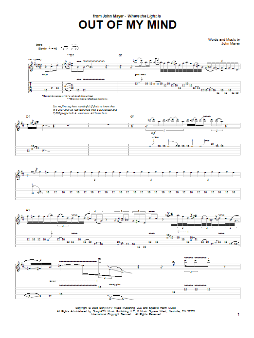 John Mayer Out Of My Mind sheet music notes and chords arranged for Guitar Tab