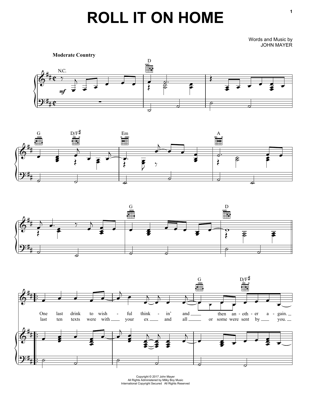 John Mayer Roll It On Home sheet music notes and chords arranged for Piano, Vocal & Guitar Chords (Right-Hand Melody)