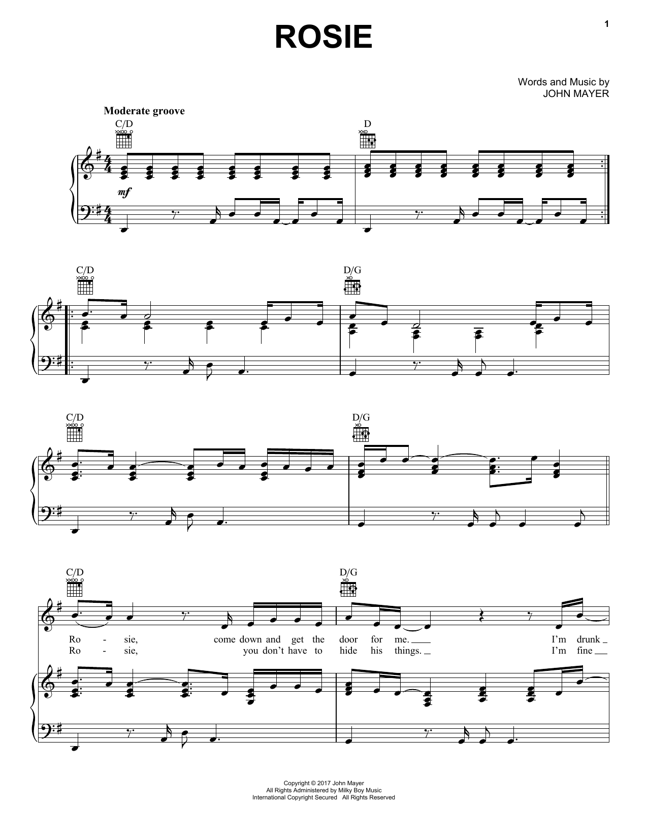 John Mayer Rosie sheet music notes and chords arranged for Piano, Vocal & Guitar Chords (Right-Hand Melody)