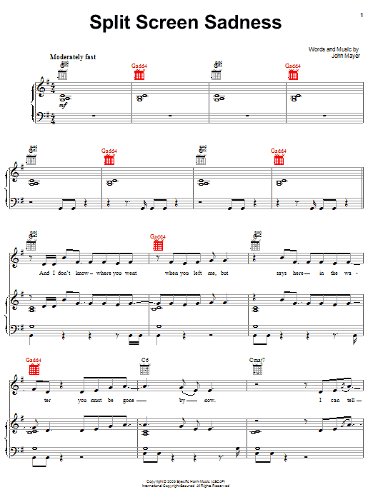 John Mayer Split Screen Sadness sheet music notes and chords arranged for Piano, Vocal & Guitar Chords (Right-Hand Melody)