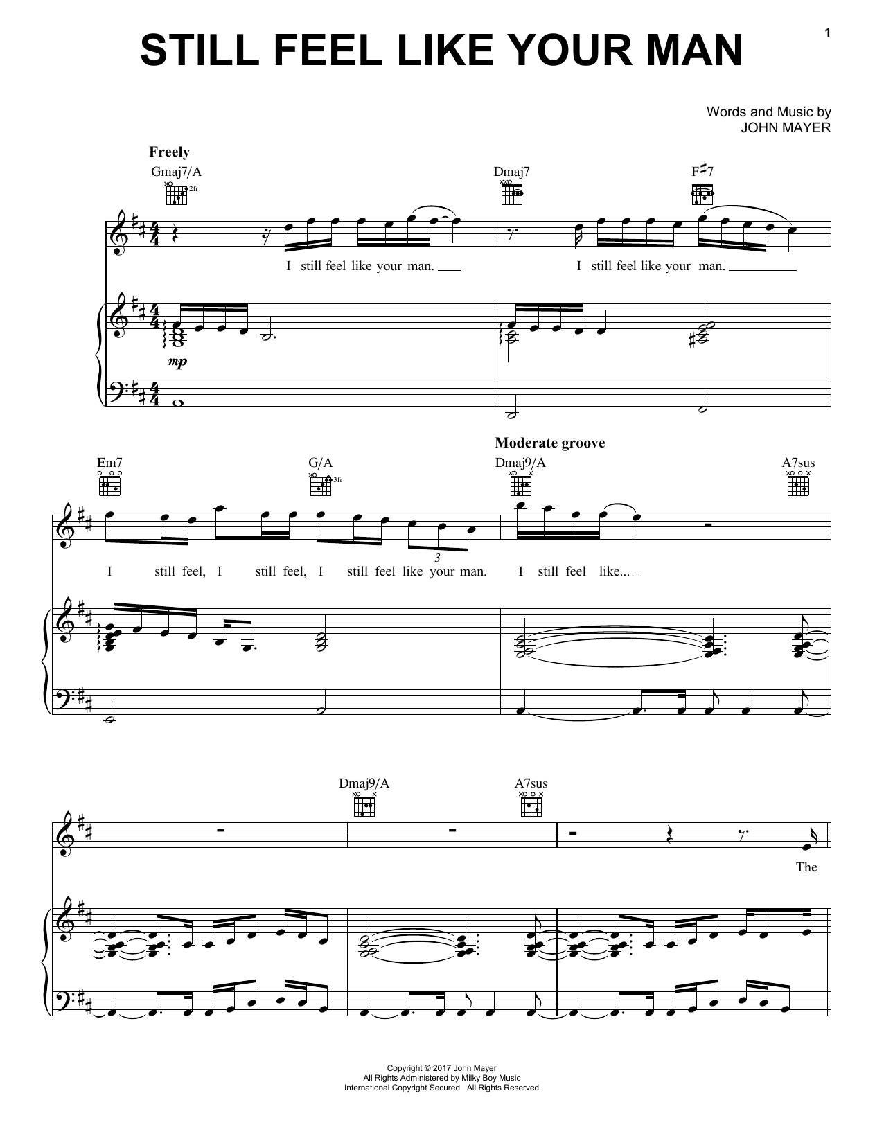 John Mayer Still Feel Like Your Man sheet music notes and chords arranged for Piano, Vocal & Guitar Chords (Right-Hand Melody)