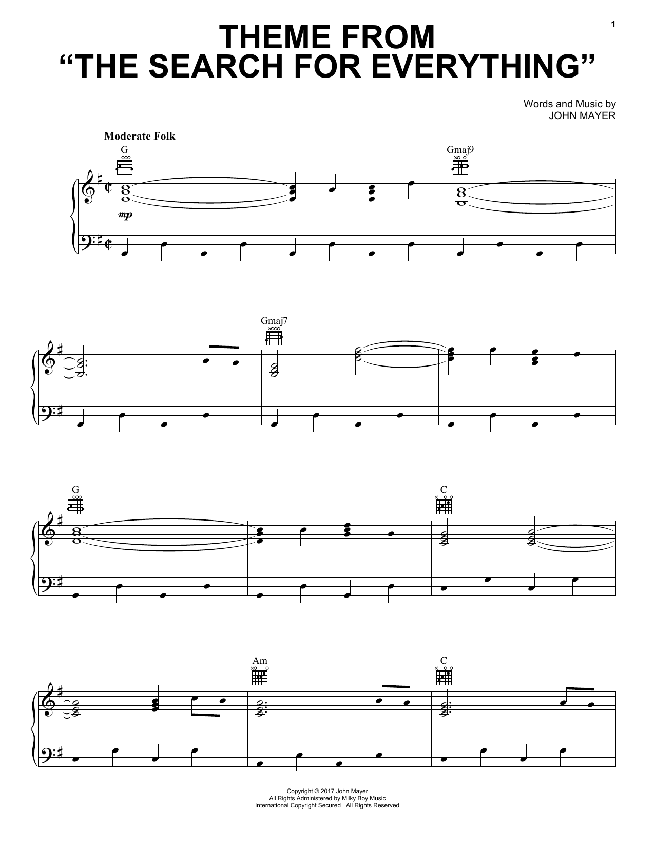 John Mayer Theme From The Search For Everything sheet music notes and chords arranged for Piano, Vocal & Guitar Chords (Right-Hand Melody)