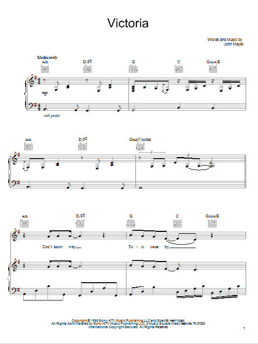 John Mayer Victoria sheet music notes and chords arranged for Piano, Vocal & Guitar Chords (Right-Hand Melody)