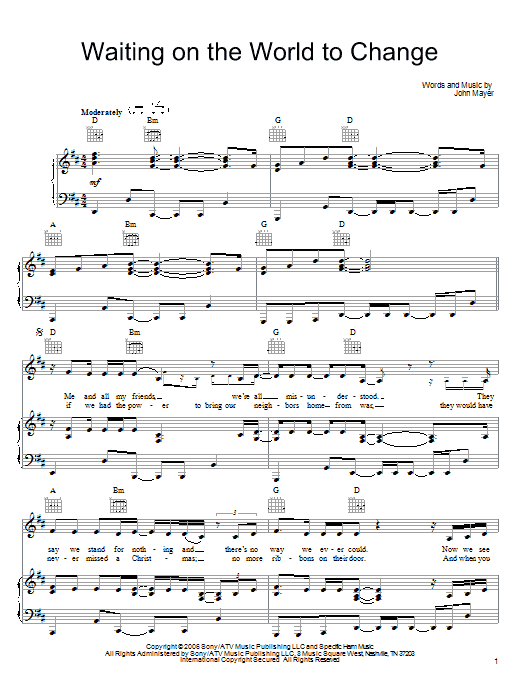 John Mayer Waiting On The World To Change sheet music notes and chords arranged for Guitar Tab (Single Guitar)