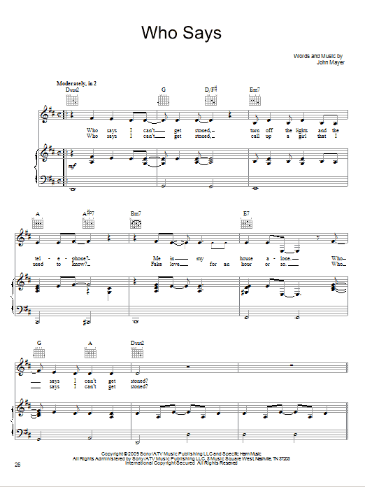 John Mayer Who Says sheet music notes and chords arranged for Guitar Tab