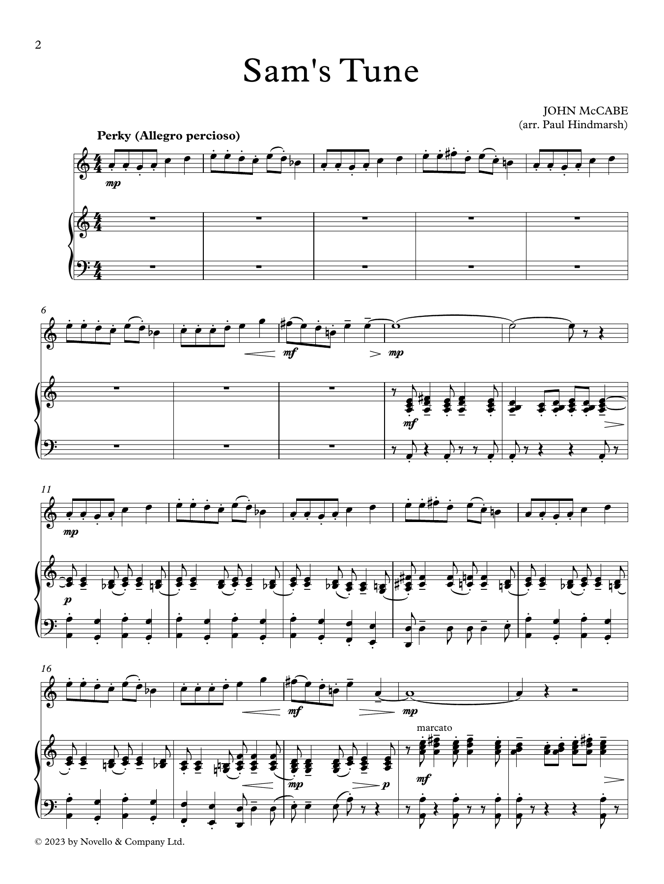 John McCabe Sam's Tune (arr. Paul Hindmarsh) sheet music notes and chords arranged for Instrumental Solo – Treble Clef High Range