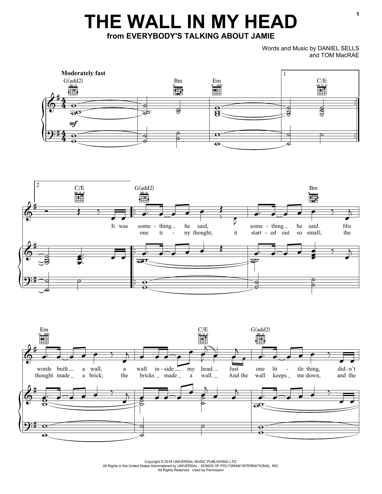 John McCrea The Wall In My Head (from Everybody's Talking About Jamie) sheet music notes and chords arranged for Piano, Vocal & Guitar Chords (Right-Hand Melody)