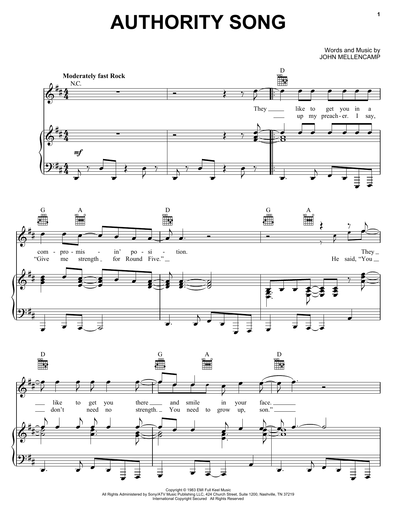 John Mellencamp Authority Song sheet music notes and chords arranged for Easy Guitar Tab