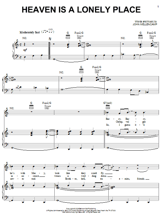 John Mellencamp Heaven Is A Lonely Place sheet music notes and chords arranged for Piano, Vocal & Guitar Chords (Right-Hand Melody)