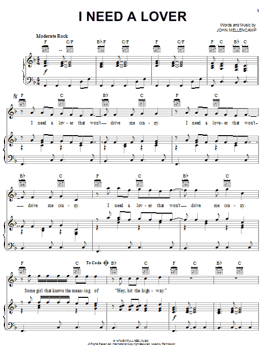 John Mellencamp I Need A Lover sheet music notes and chords arranged for Guitar Tab (Single Guitar)