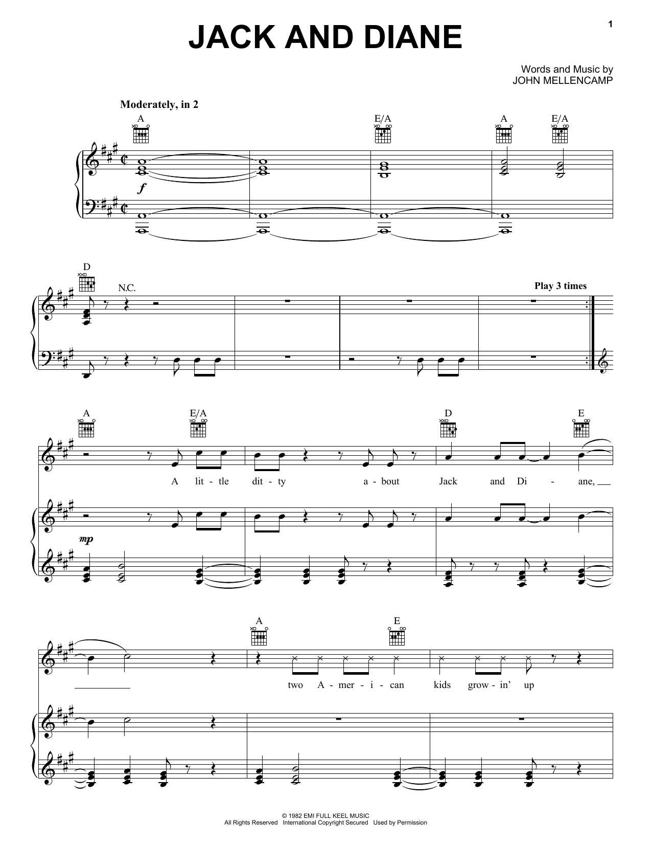 John Mellencamp Jack And Diane sheet music notes and chords arranged for Piano, Vocal & Guitar Chords (Right-Hand Melody)