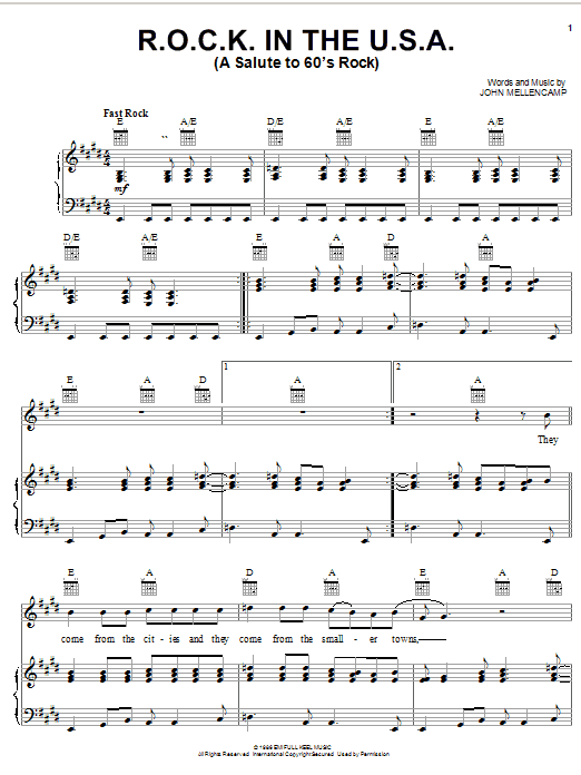 John Mellencamp R.O.C.K. In The U.S.A. (A Salute To 60's Rock) sheet music notes and chords arranged for Cello Solo