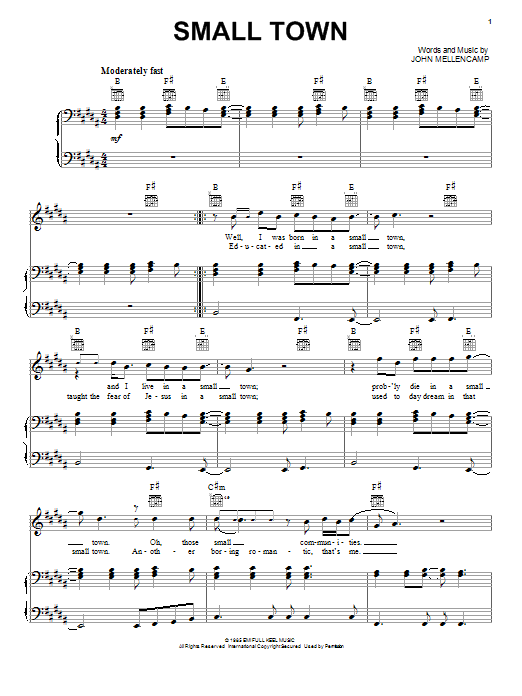 John Mellencamp Small Town sheet music notes and chords arranged for Piano, Vocal & Guitar Chords (Right-Hand Melody)