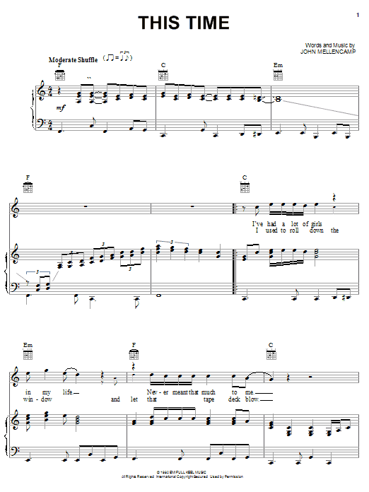 John Mellencamp This Time sheet music notes and chords arranged for Piano, Vocal & Guitar Chords (Right-Hand Melody)