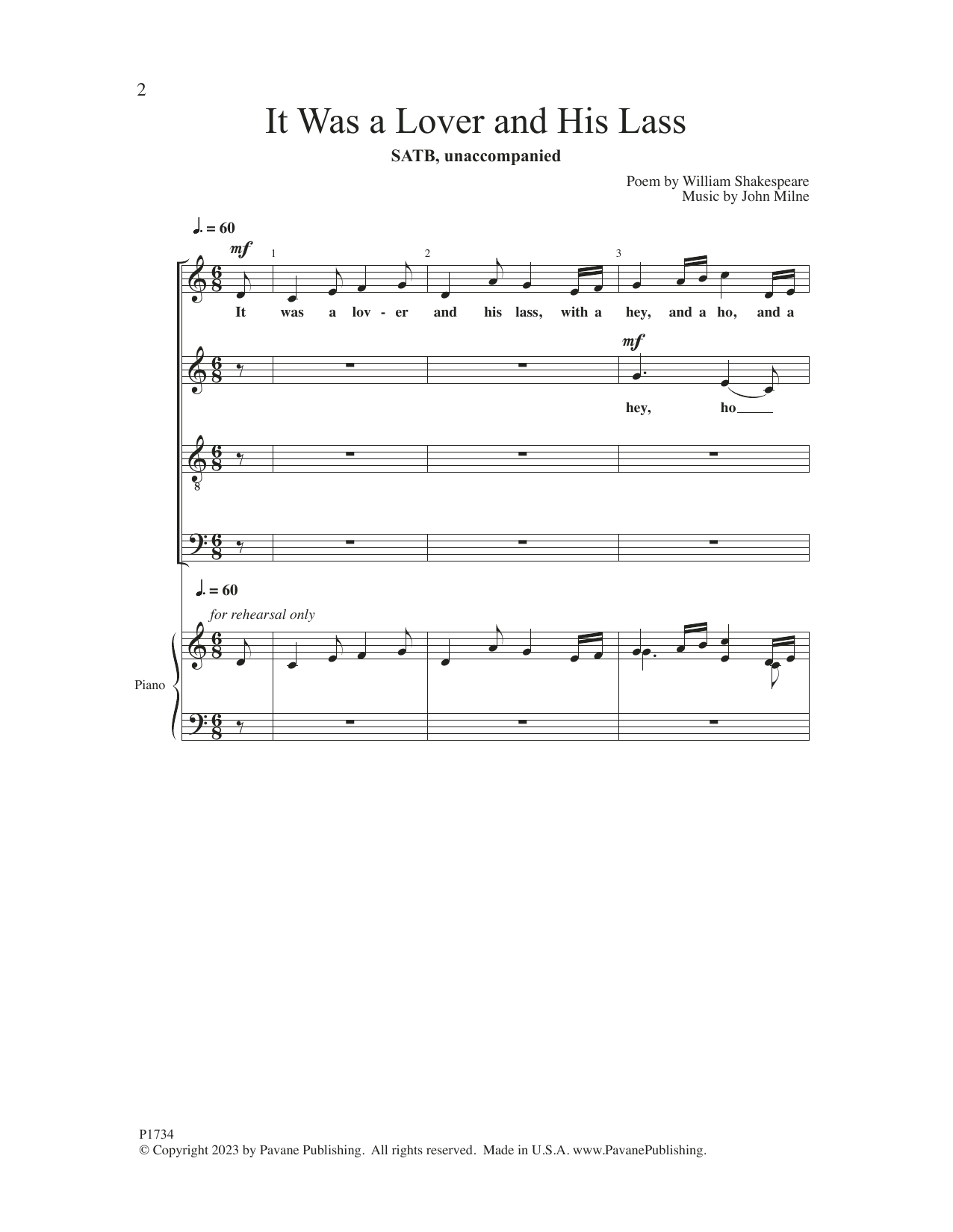 John Milne It Was a Lover and His Lass sheet music notes and chords arranged for SATB Choir