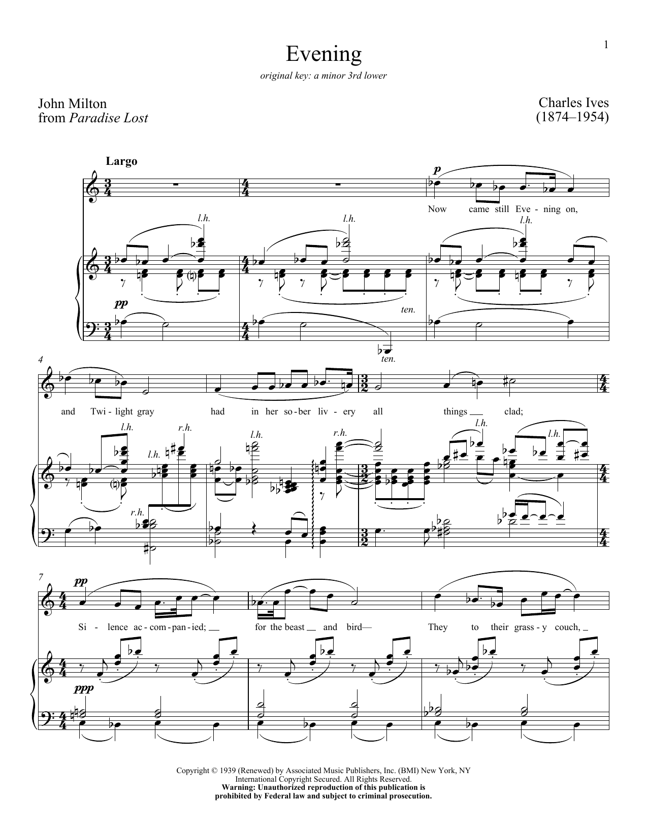 John Milton Evening sheet music notes and chords arranged for Piano & Vocal