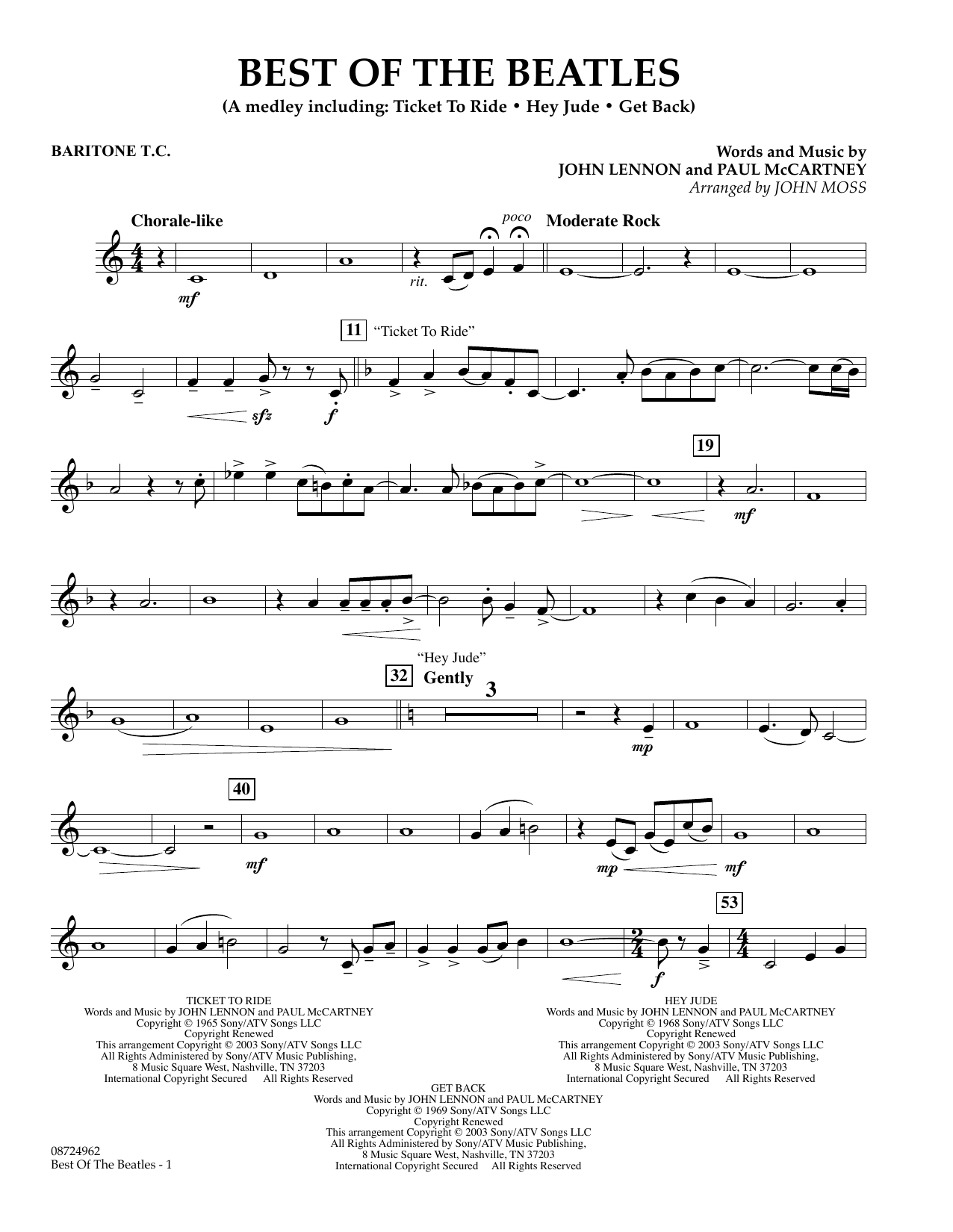 John Moss Best of the Beatles - Baritone T.C. sheet music notes and chords arranged for Concert Band