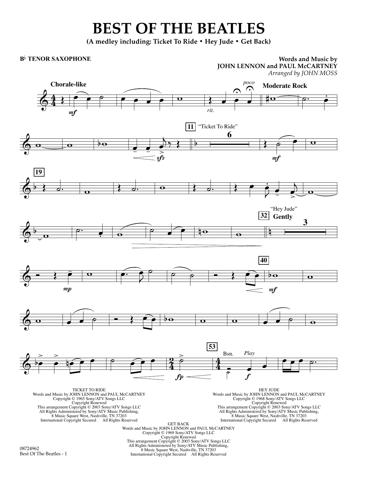 John Moss Best of the Beatles - Bb Tenor Saxophone sheet music notes and chords arranged for Concert Band