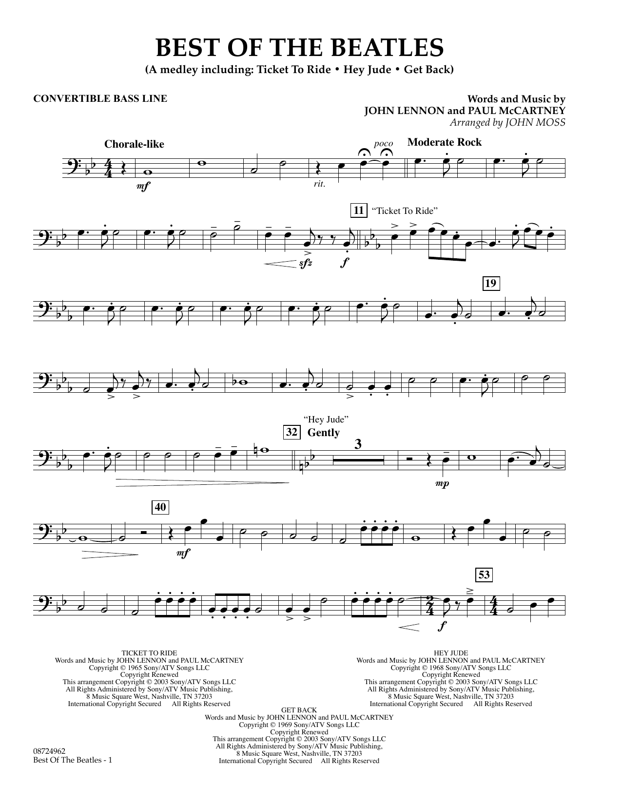 John Moss Best of the Beatles - Convertible Bass Line sheet music notes and chords arranged for Concert Band